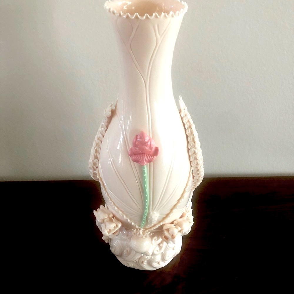 Blanc De Chine Japanese Vase Hand Made With Dragon and Rose - Marked